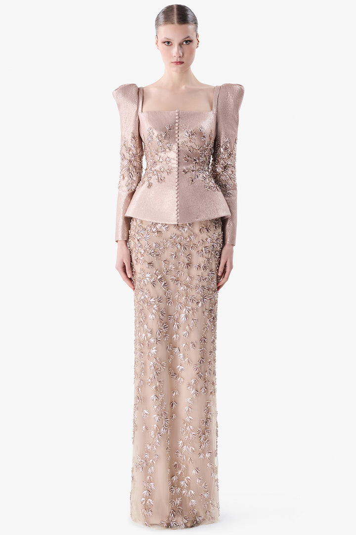 Structured Peplum Gown with Embroidered Skirt
