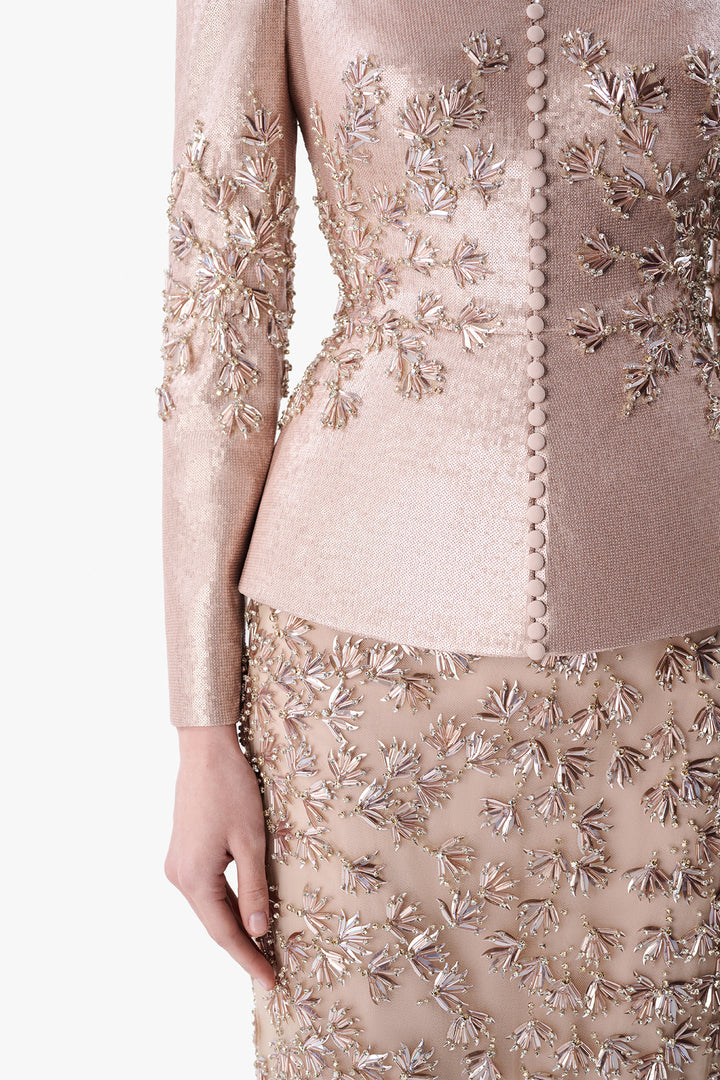 Structured Peplum Gown with Embroidered Skirt