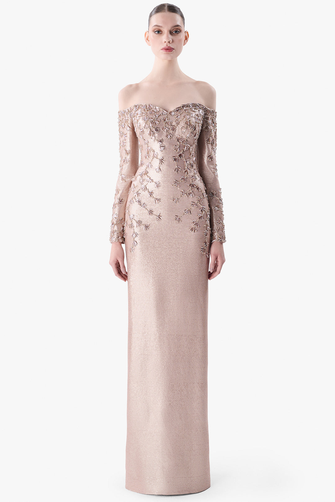 Off-Shoulder Embroidered Sequin Gown
