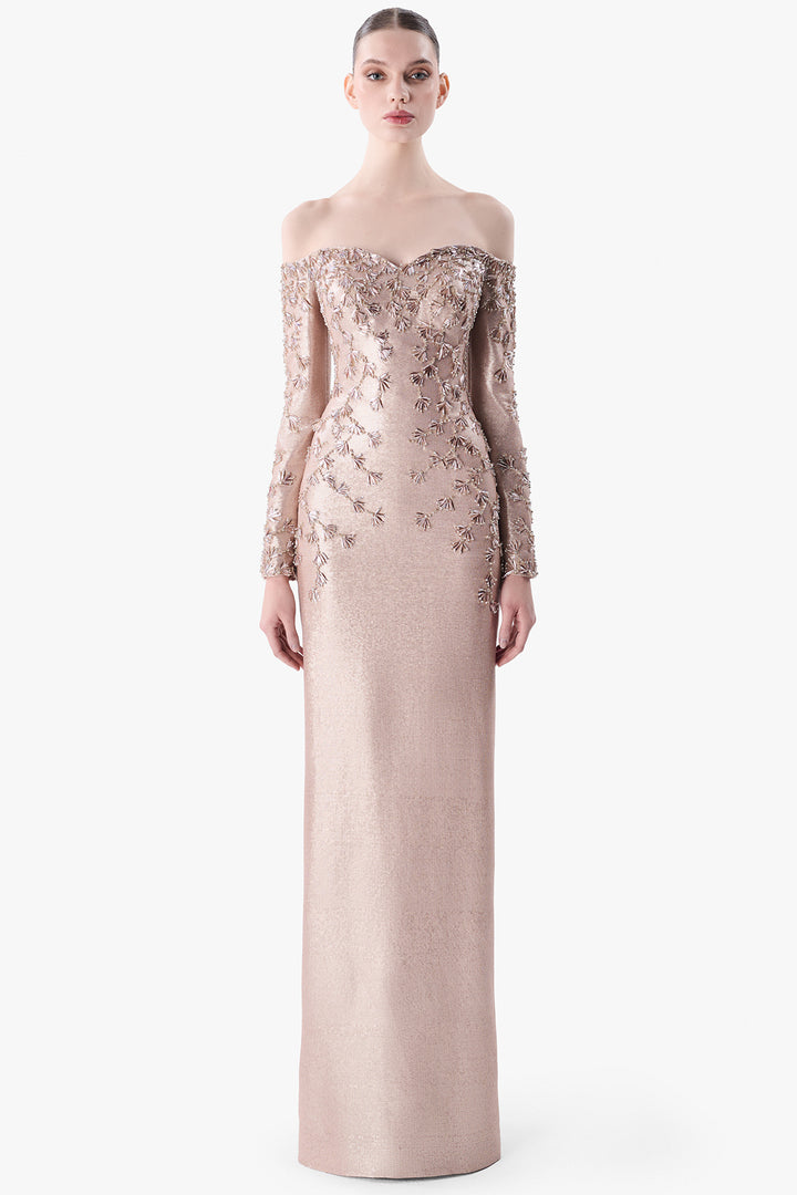 Off-Shoulder Embroidered Sequin Gown