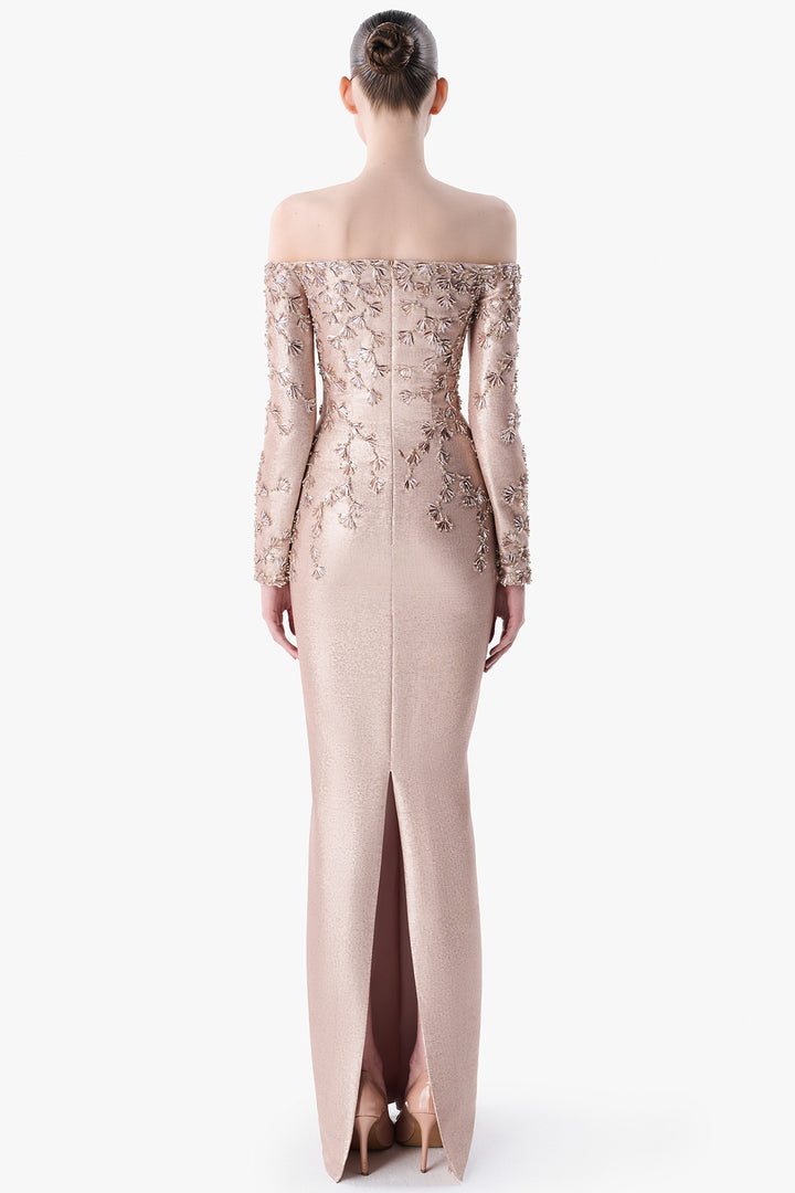Off-Shoulder Embroidered Sequin Gown