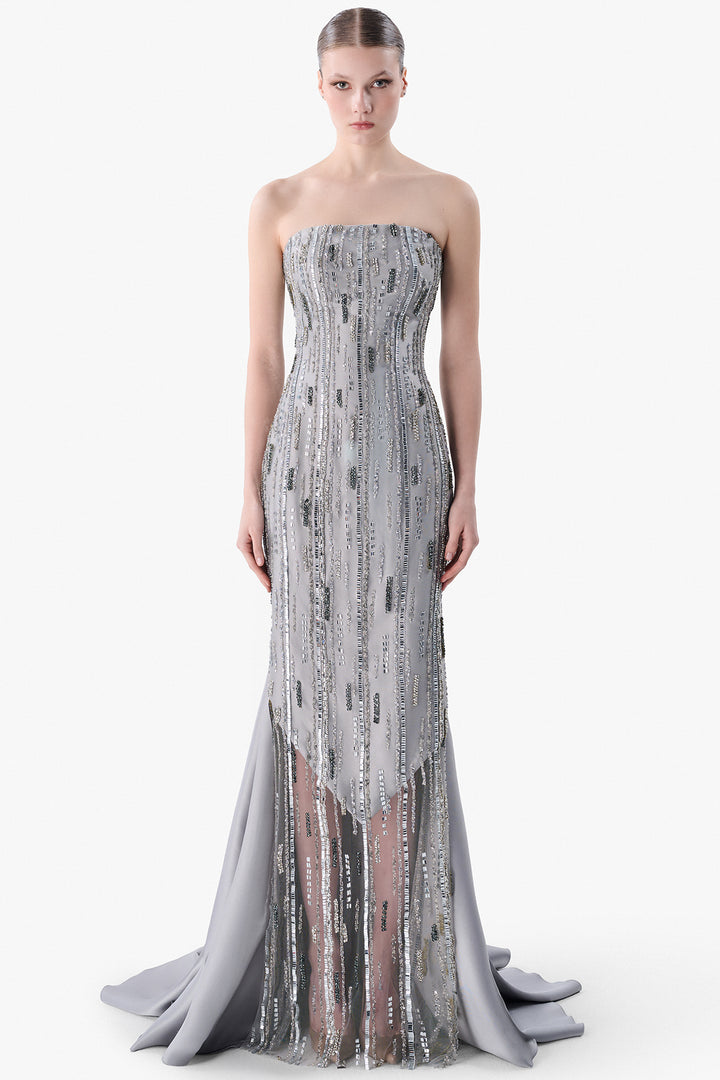 Strapless Embroidered Tulle Gown with Satin Train