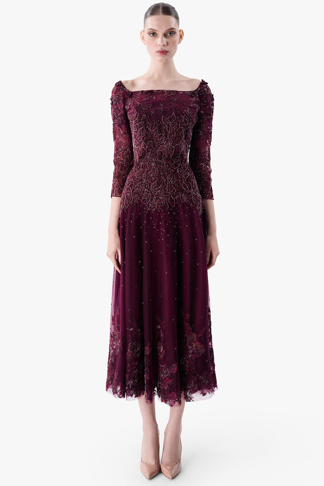 Embroidered Tulle Dress with Three-Quarter Sleeves