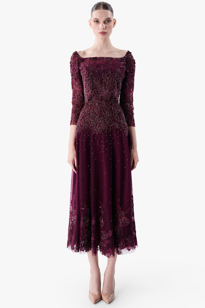Embroidered Tulle Dress with Three-Quarter Sleeves