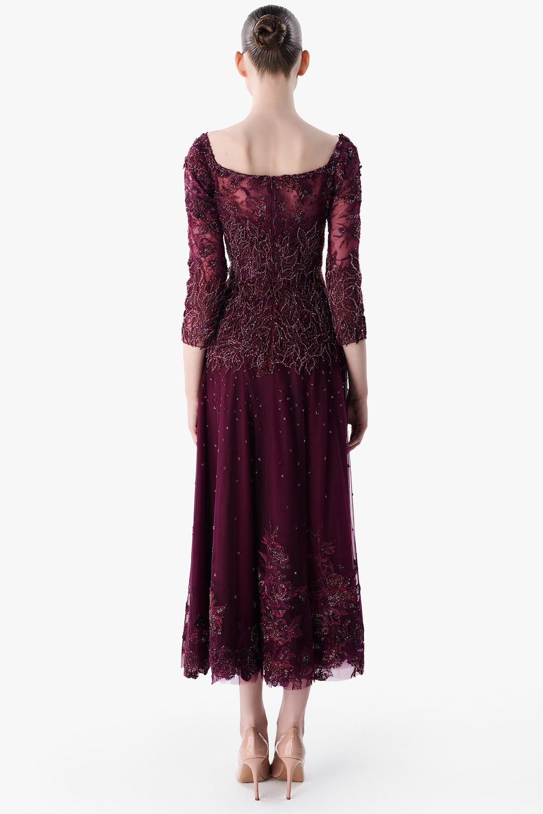 Embroidered Tulle Dress with Three-Quarter Sleeves