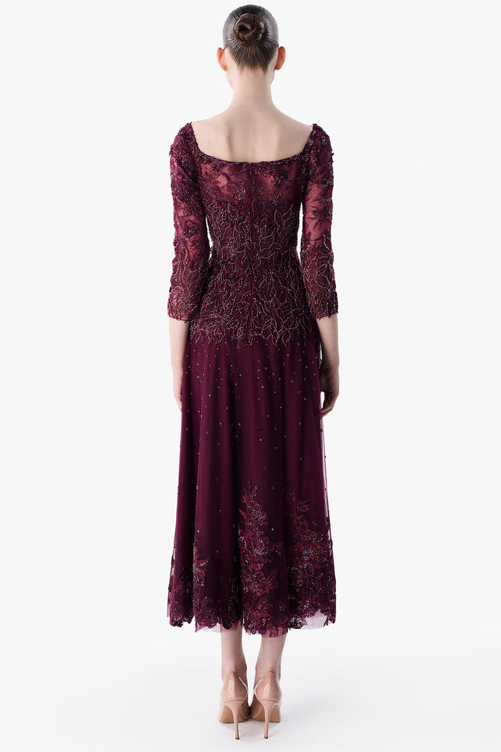 Embroidered Tulle Dress with Three-Quarter Sleeves