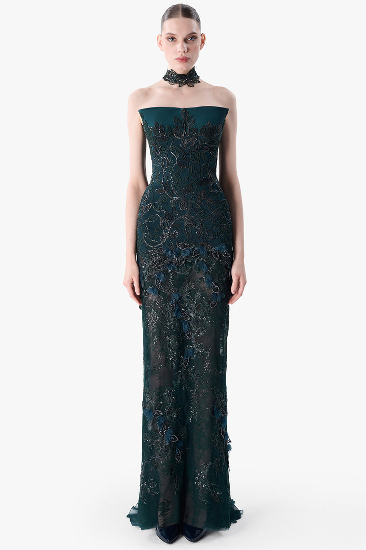 Embroidered Strapless Gown with Choker Cape