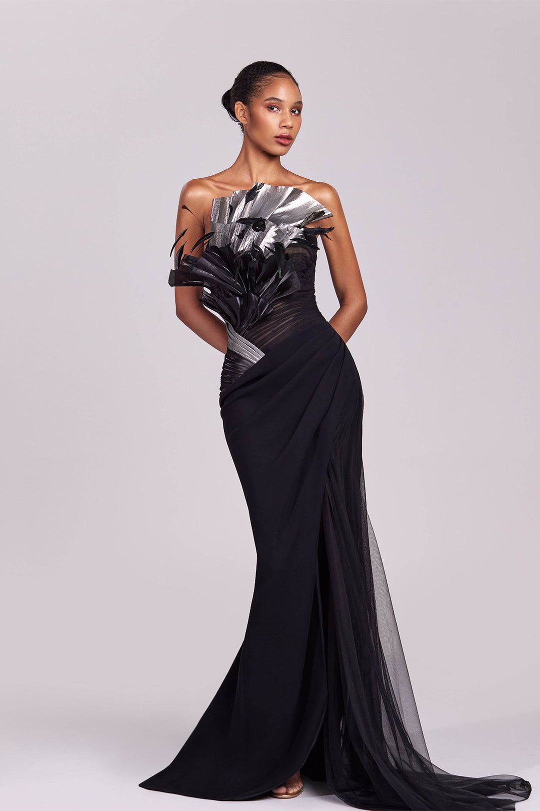 Feathered neckline metallic dress Black / US 2 Feathered neckline metallic dress Black / US 2