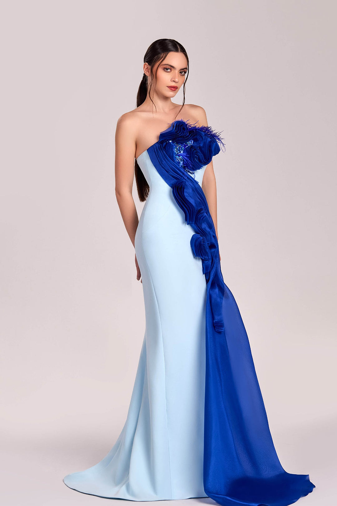 Straight-Cut Dress with Feather Details Ice Blue / US 16 Straight-Cut Dress with Feather Details Ice Blue / US 16