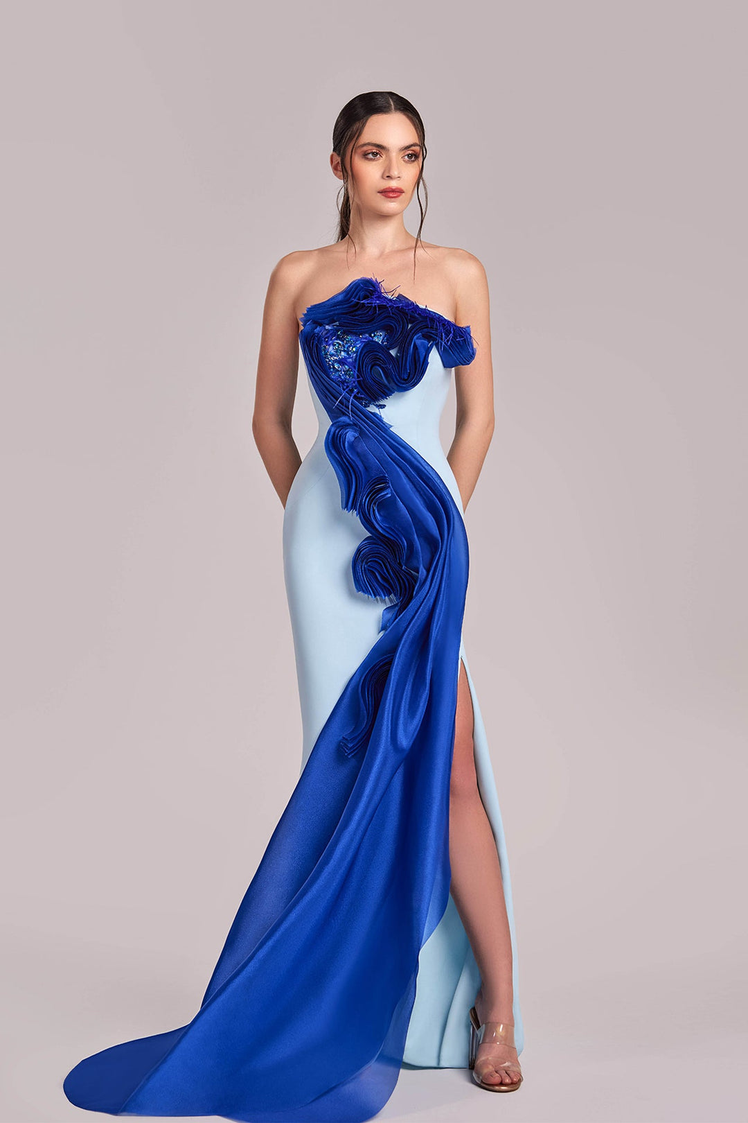 Straight-Cut Dress with Feather Details Ice Blue / US 16 Straight-Cut Dress with Feather Details Ice Blue / US 16