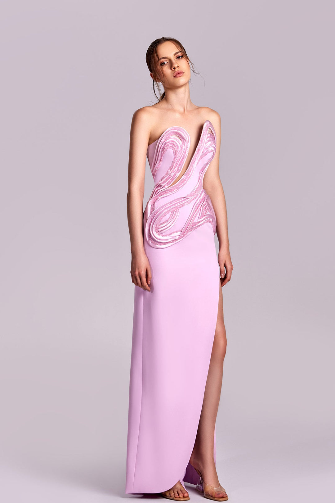 Strapless Dress with Crystal Inserts and High Slit