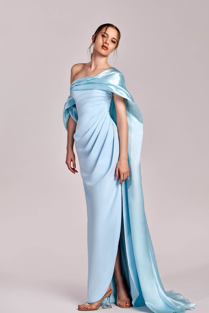 Off-Shoulder Dress with Draped Bodice and Slit