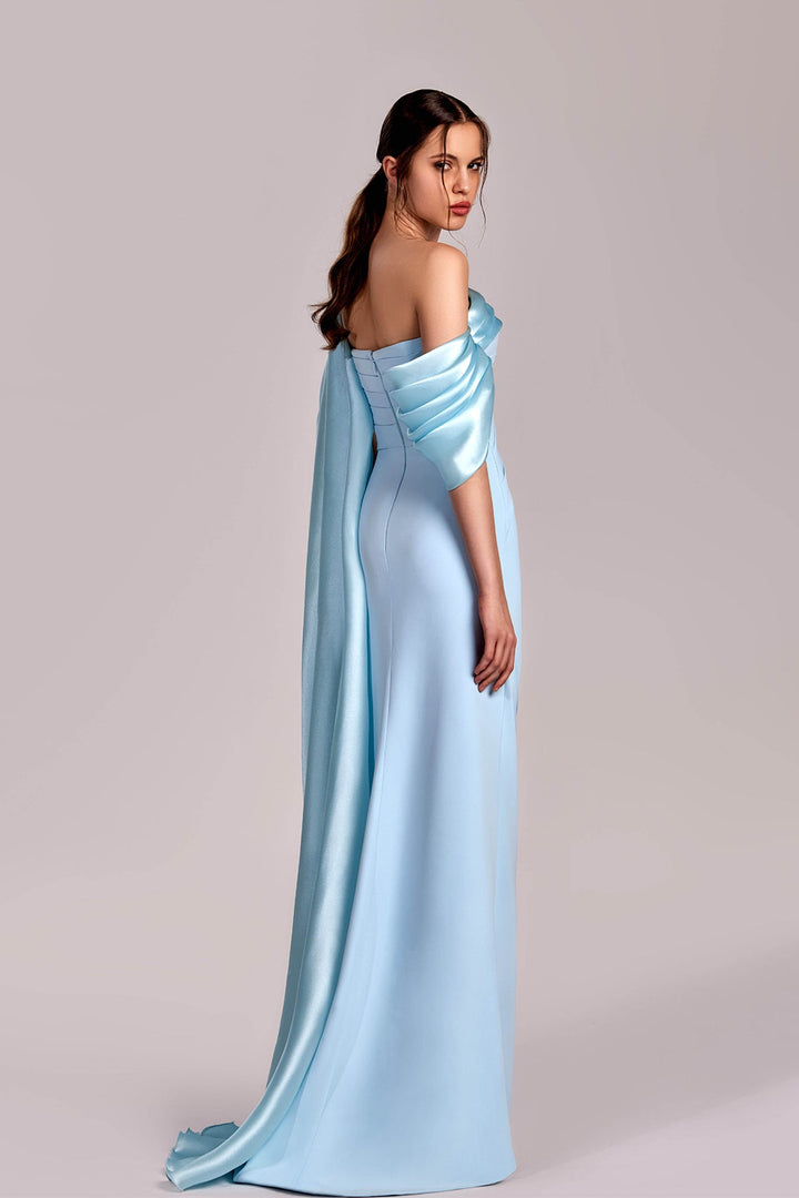 Off-Shoulder Dress with Draped Bodice and Slit