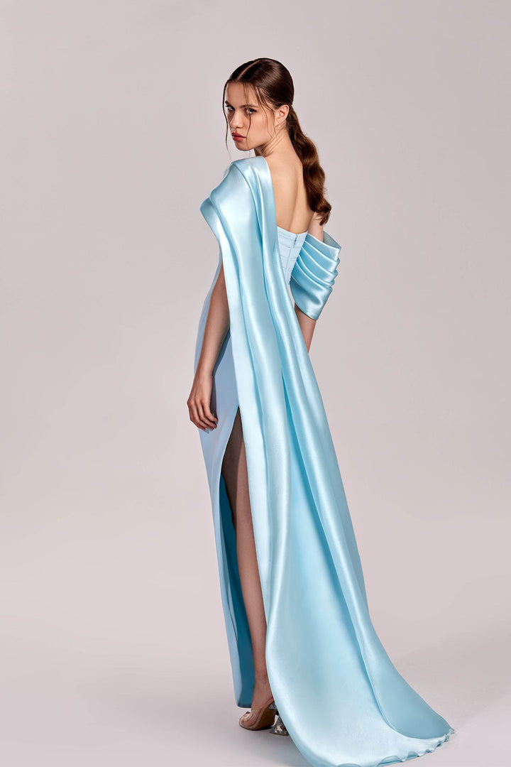 Off-Shoulder Dress with Draped Bodice and Slit