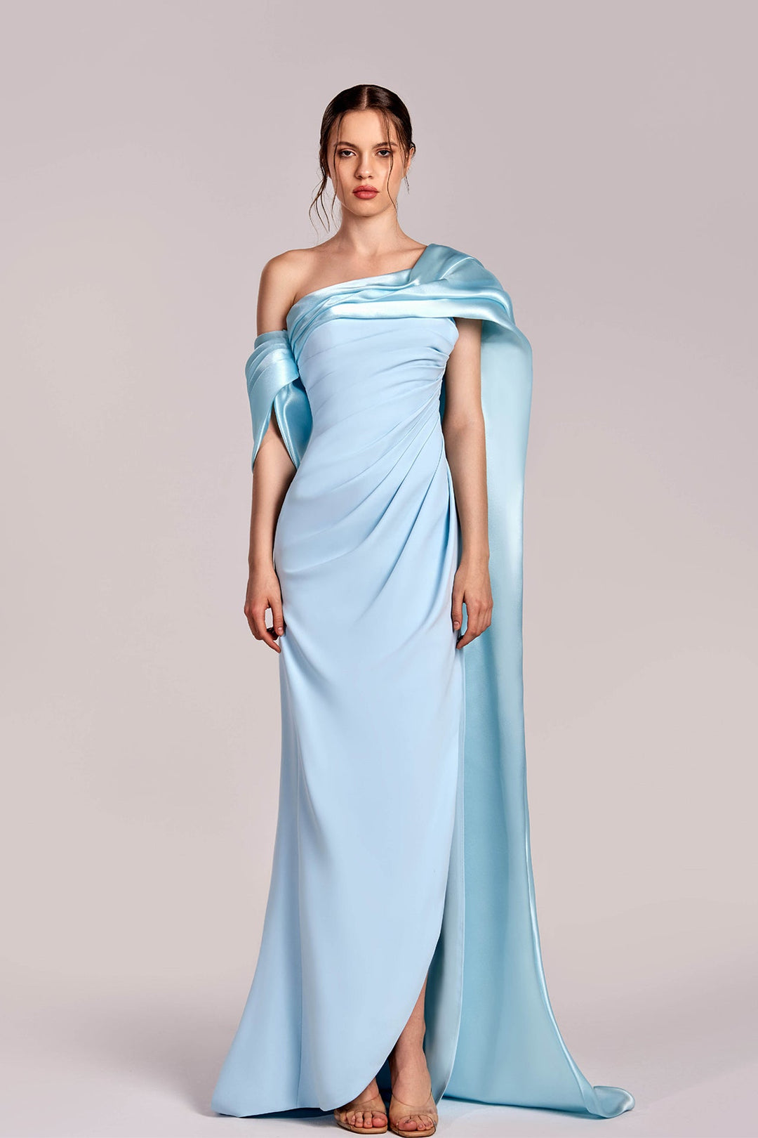 draped off the shoulder dress Off shoulder crepe dress with cape Light Blue / US 10