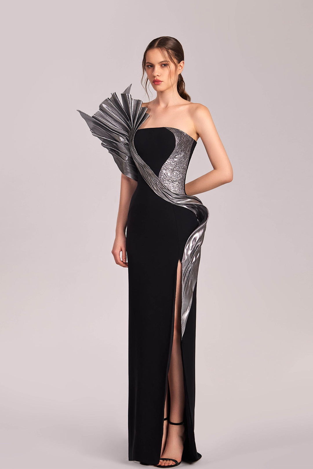 Asymmetrical Dress with Metallic Accent and High Slit