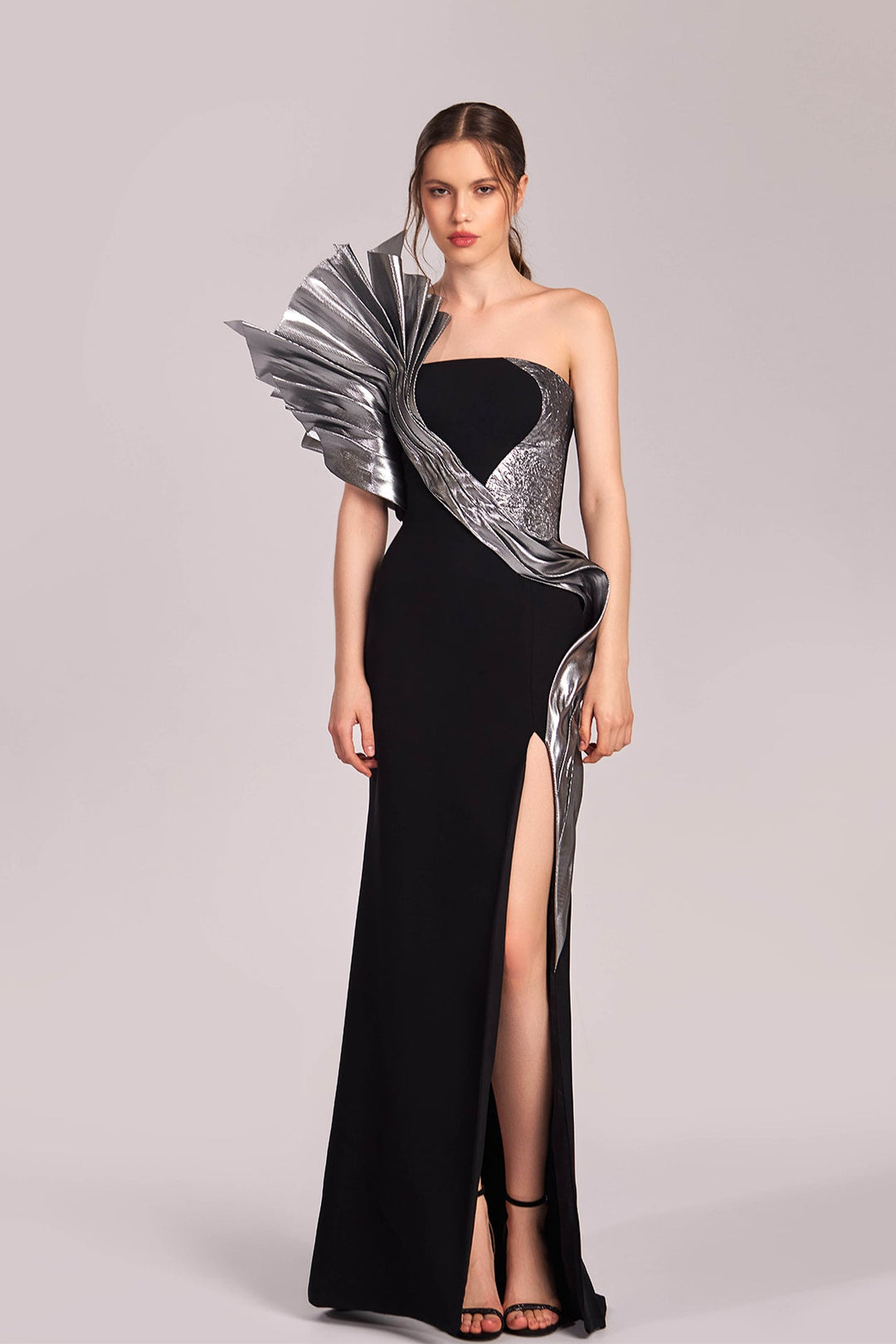 Asymmetrical Crepe Dress with Metallic Cascades Black / US 2 Asymmetrical Crepe Dress with Metallic Cascades Black / US 2