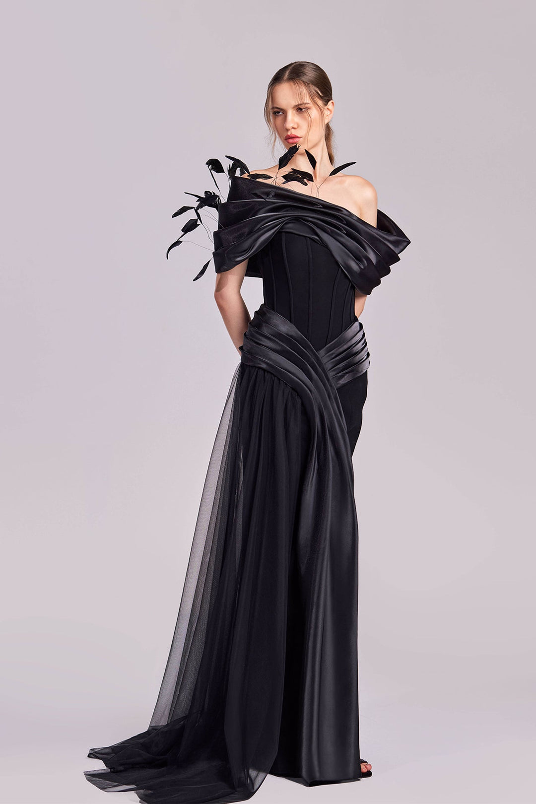 Off-Shoulder Dress with Corset Bodice, and Feather Shoulder Detail