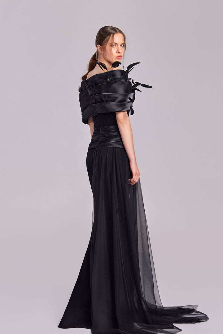 Off-Shoulder Dress with Corset Bodice, and Feather Shoulder Detail