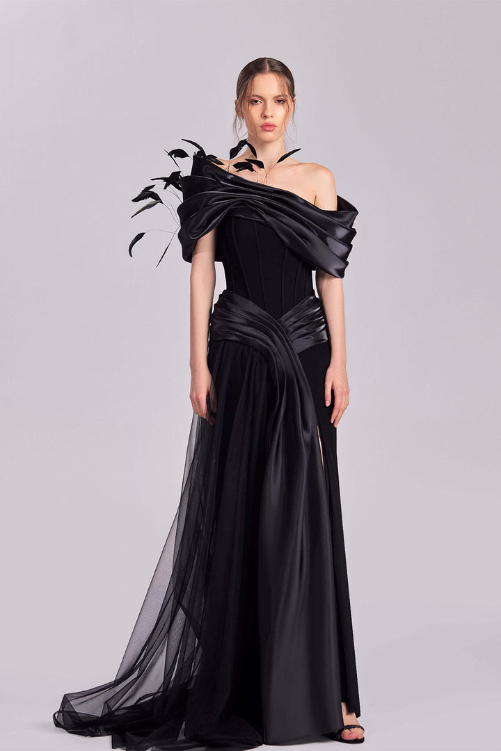 Off-Shoulder Dress with Corset Bodice, and Feather Shoulder Detail