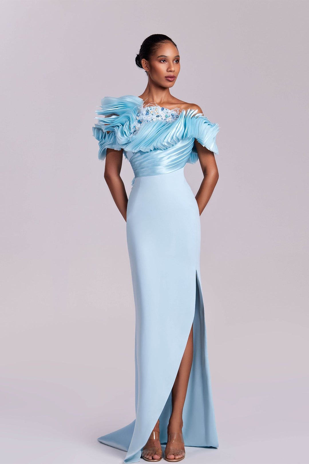 Pleated off shoulder dress with crystals Light Blue / US 8 Pleated off shoulder dress with crystals Light Blue / US 8