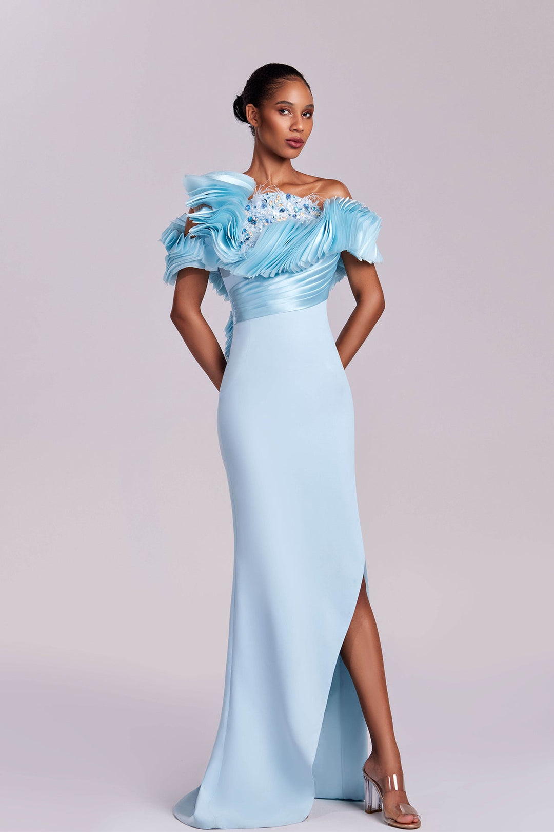 Pleated Off Shoulder Dress with Crystals Light Blue / US 8 Pleated Off Shoulder Dress with Crystals Light Blue / US 8