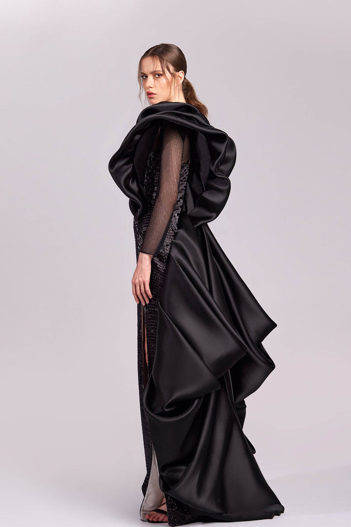 High Neckline Dress with Sheer Sleeves