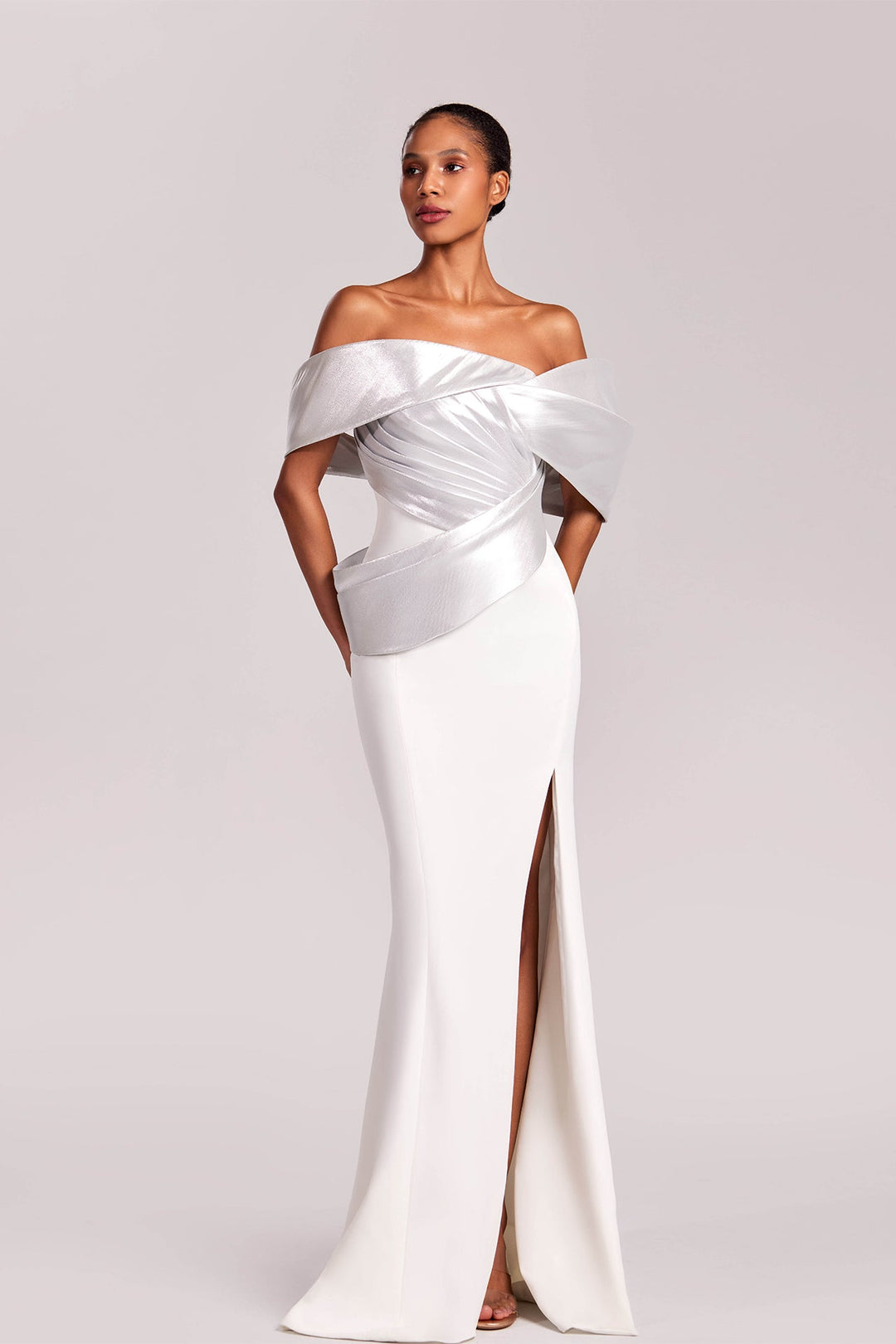 Off-Shoulder Dress with Thigh-High Slit M.R DESIGN Off-Shoulder Dress with Thigh-High Slit M.R DESIGN