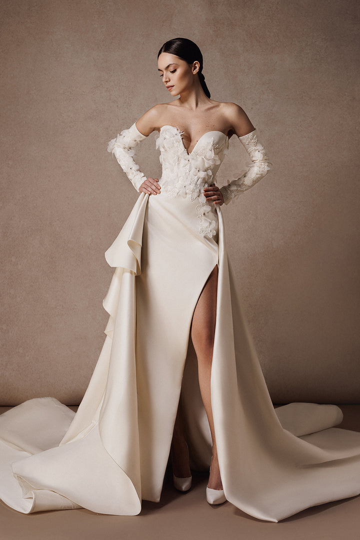 Strapless Duchess Satin Dress with Draped Overskirt