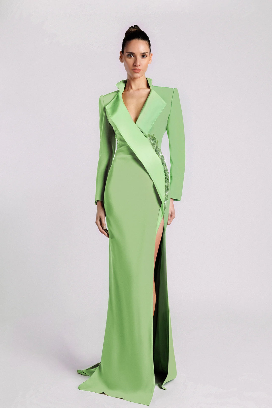 Satin Crepe Dress, V Neckline, Sequin Embroidery, Mermaid Skirt, Side Slit Mint / FR 34 Satin Crepe Dress, V Neckline, Sequin Embroidery, Mermaid Skirt, Side Slit Mint / FR 34