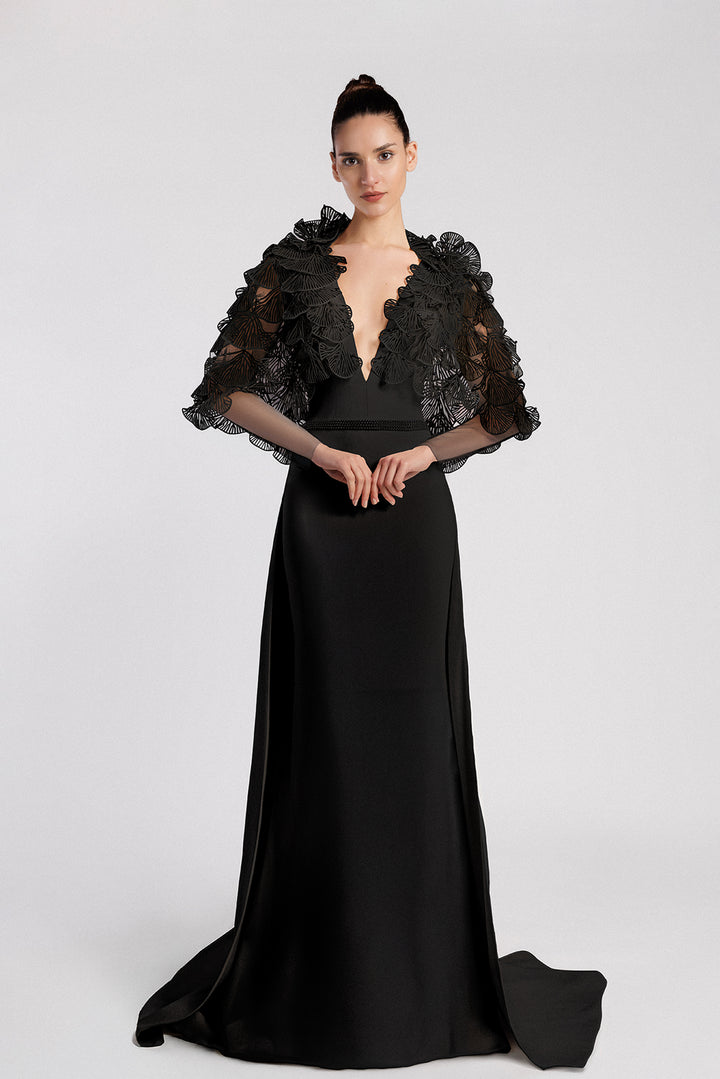 Black Fan Sleeve Evening Dress