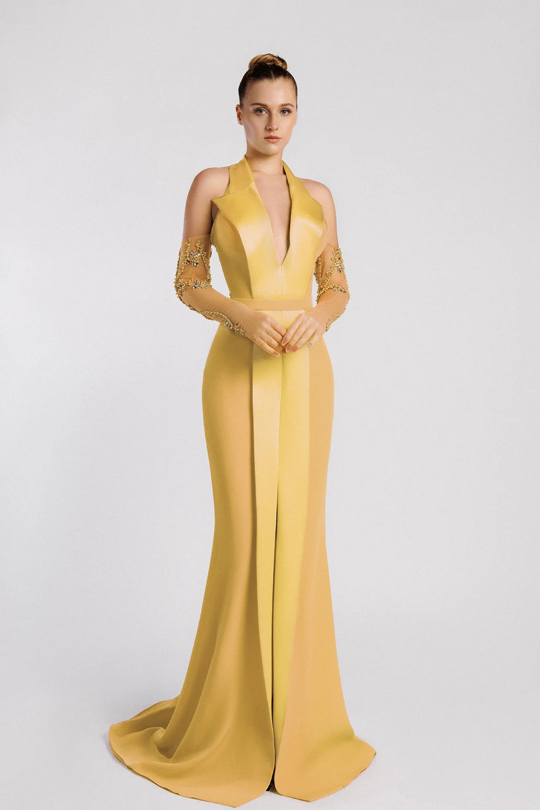 Halter Satin Dress, Plunging Neckline, Lapels, Mermaid Skirt, Front Slit, Tulle Gloves Halter Satin Dress, Plunging Neckline, Lapels, Mermaid Skirt, Front Slit, Tulle Gloves