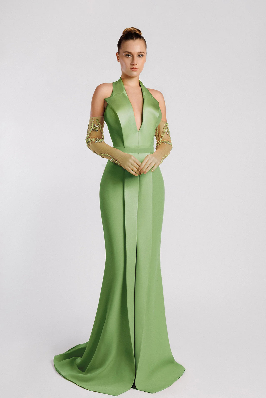 Halter Satin Dress, Plunging Neckline, Lapels, Mermaid Skirt, Front Slit, Tulle Gloves Mint / FR 46 Halter Satin Dress, Plunging Neckline, Lapels, Mermaid Skirt, Front Slit, Tulle Gloves Mint / FR 46