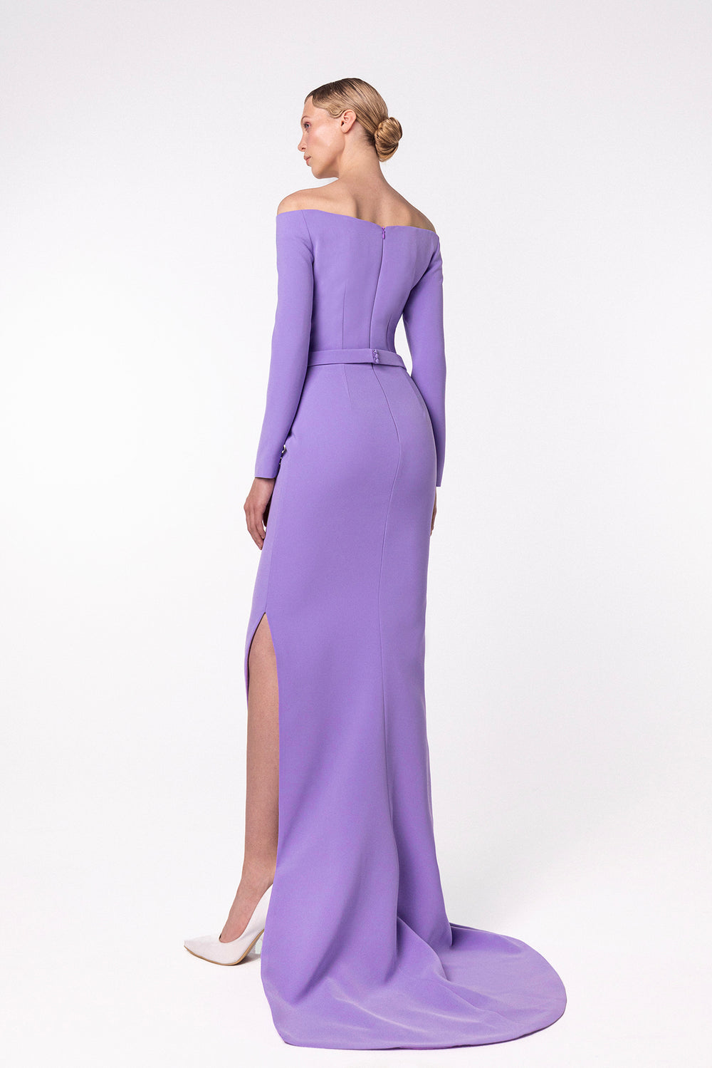 purple long sleeve off the shoulder dress Lace Long Sleeves Off Shoulder Satin Split Dress