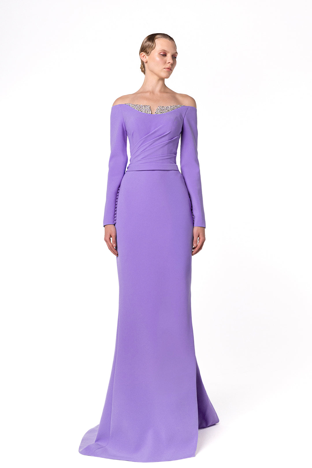 purple long sleeve off the shoulder dress Lace Long Sleeves Off Shoulder Satin Split Dress