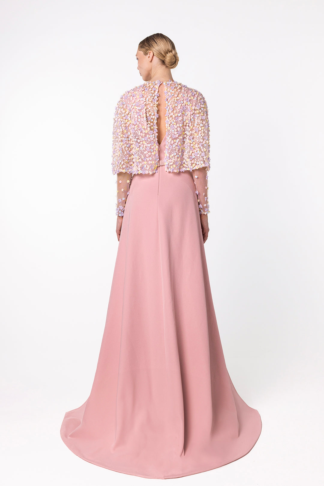 Evening Dress with Sheer Embroidered Cape