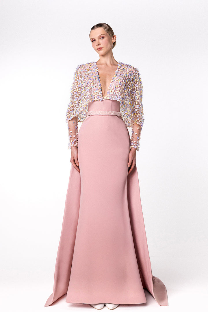 Evening Dress with Sheer Embroidered Cape