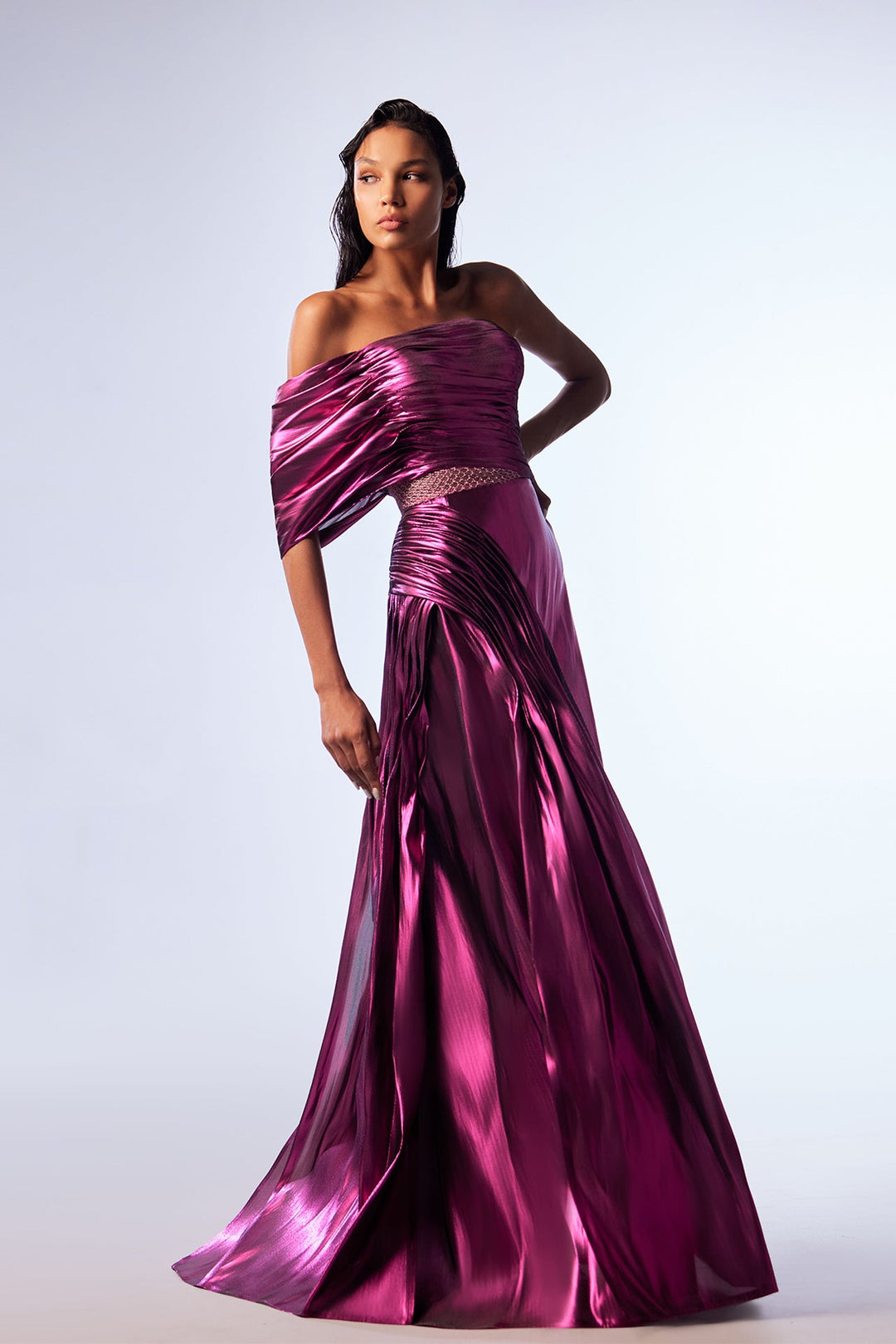 pink metallic one shoulder dress SemSem ONE-SHOULDER DRAPED PLISS-LAM MAXI DRESS IN PINK METALLIC