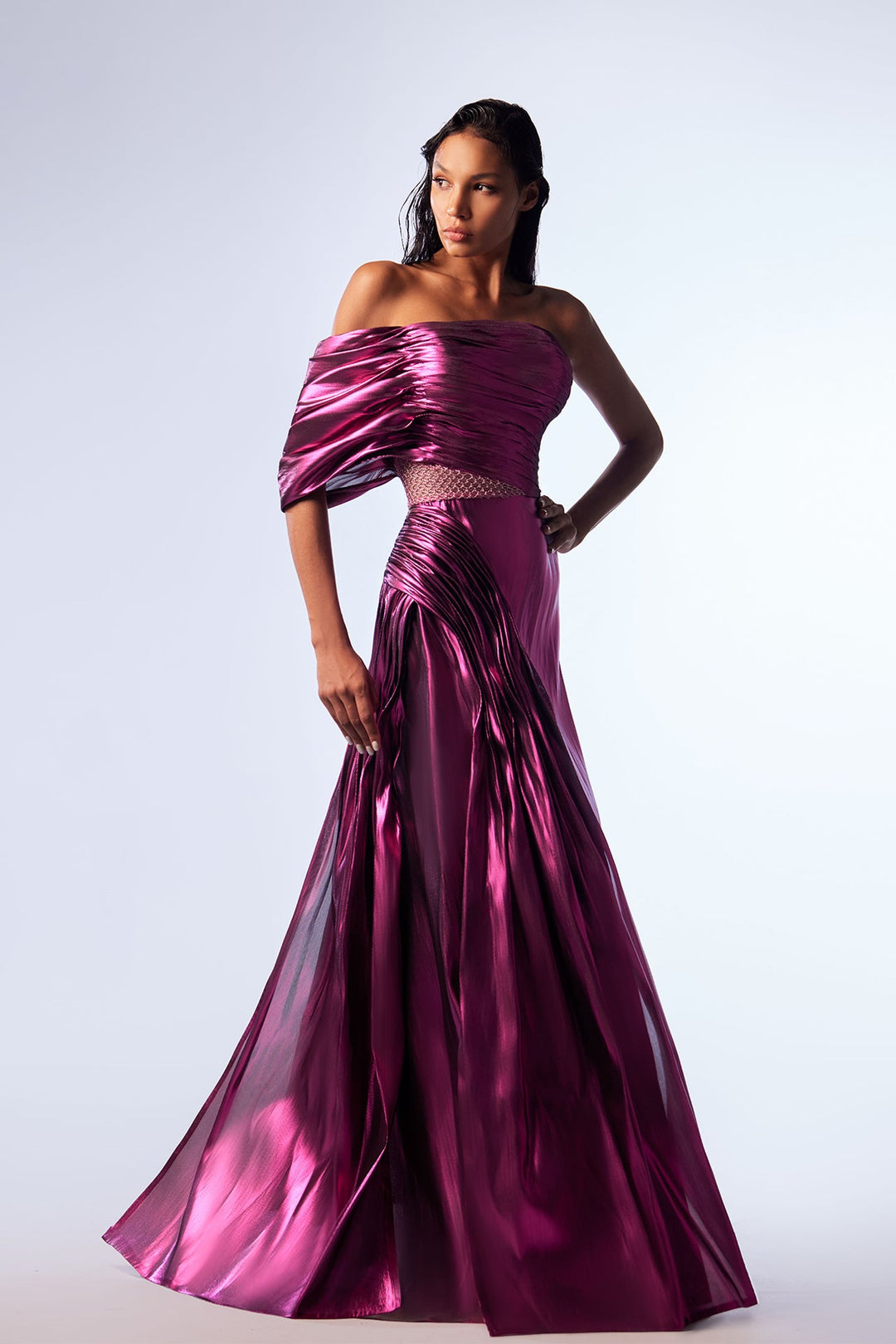 Metallic One-Shoulder A-line Dress