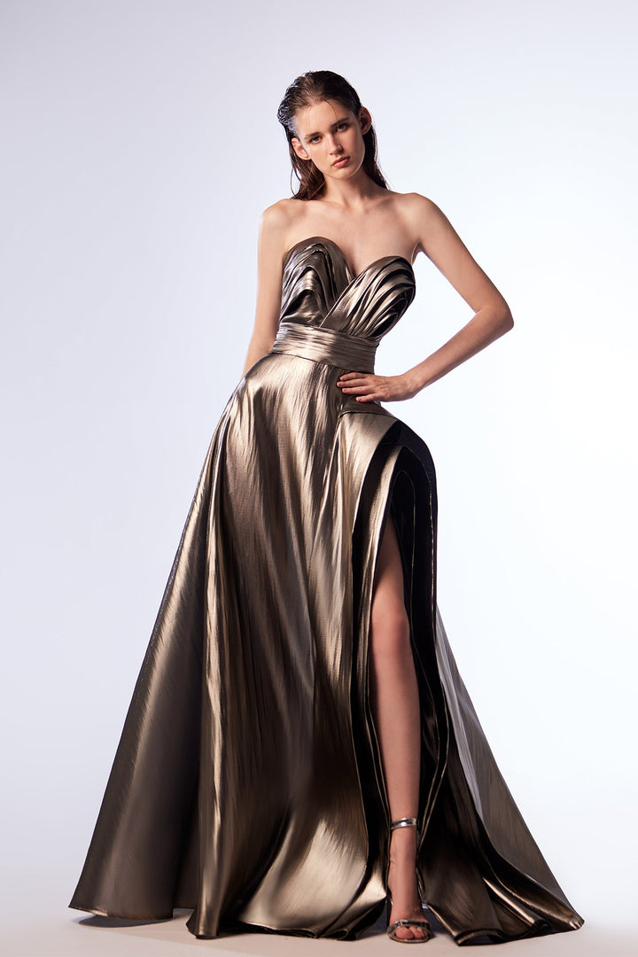 Metallic Strapless A-line Dress with Pleats