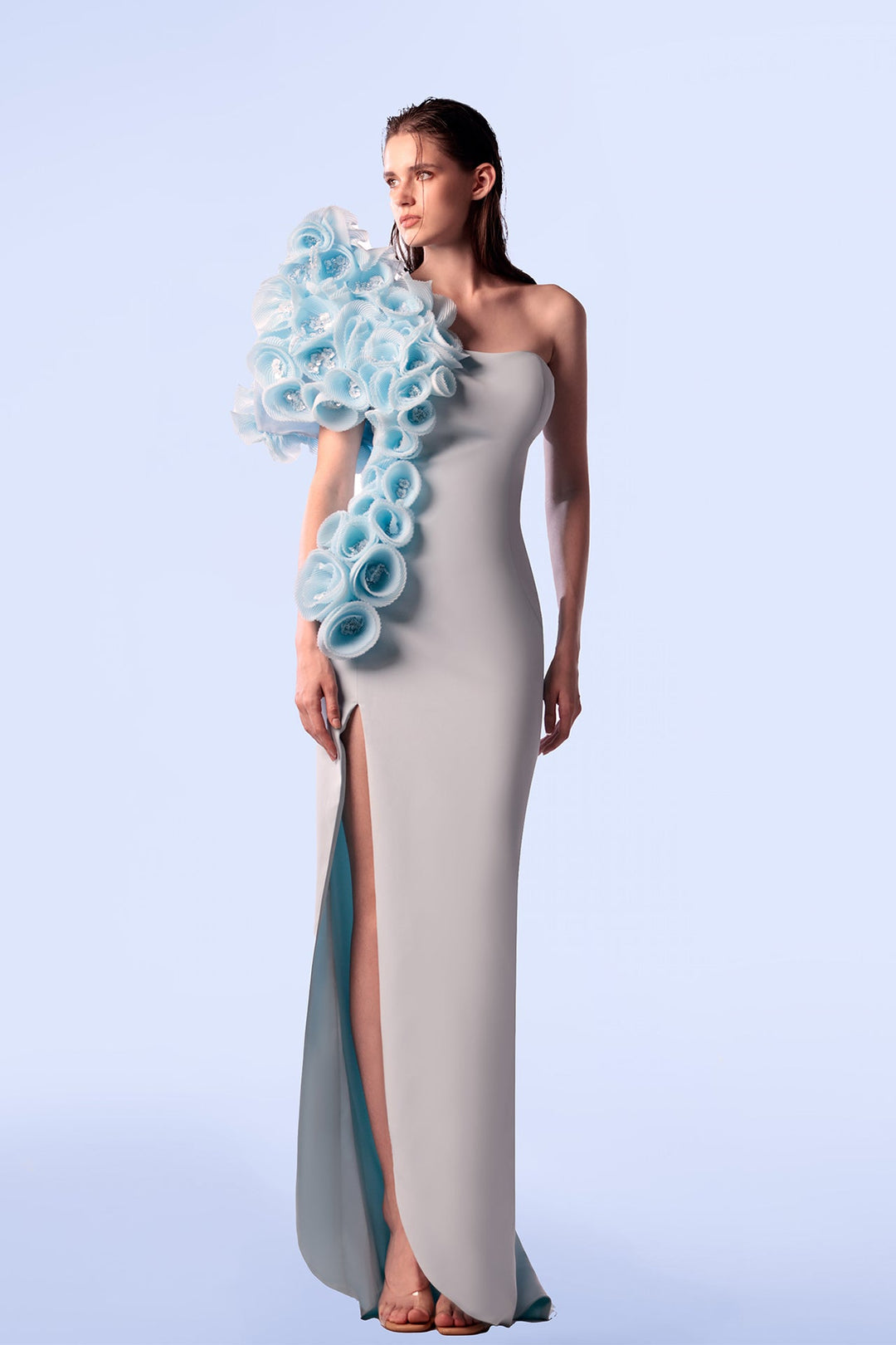 Crepe One-Shoulder Fitted Dress with Organza Flowers M.R DESIGN Crepe One-Shoulder Fitted Dress with Organza Flowers M.R DESIGN