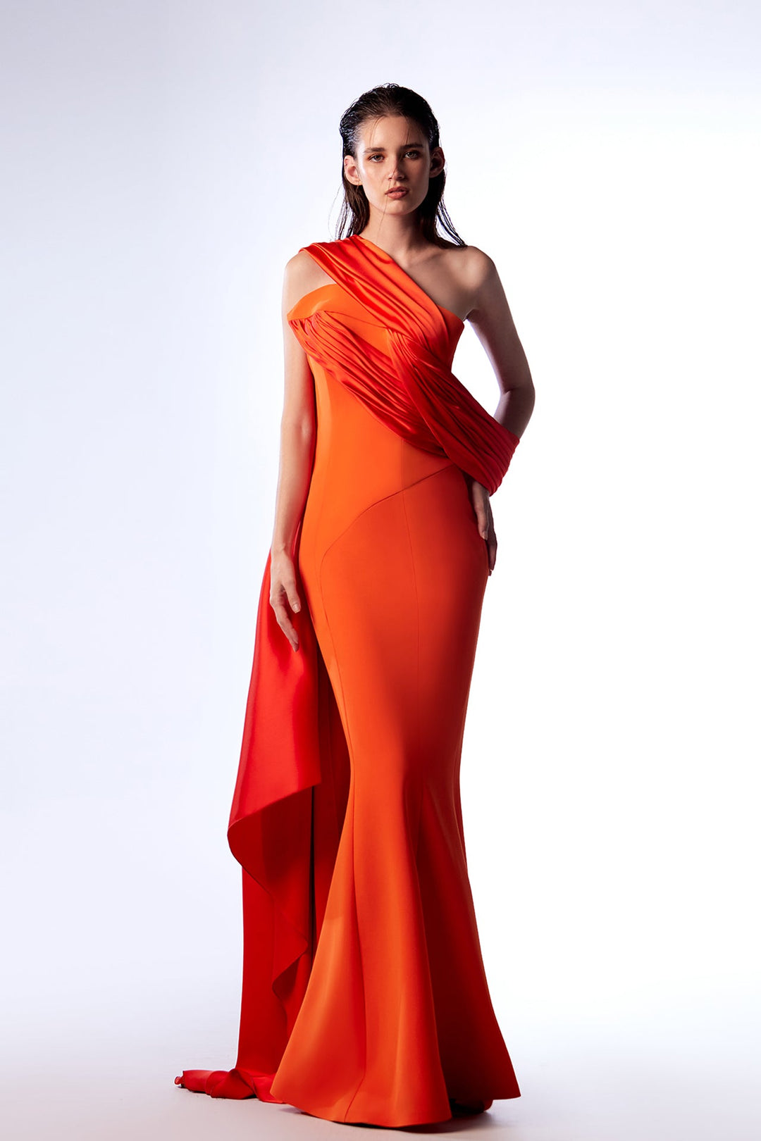 Crepe and Satin Asymmetric Mermaid Dress with Cape