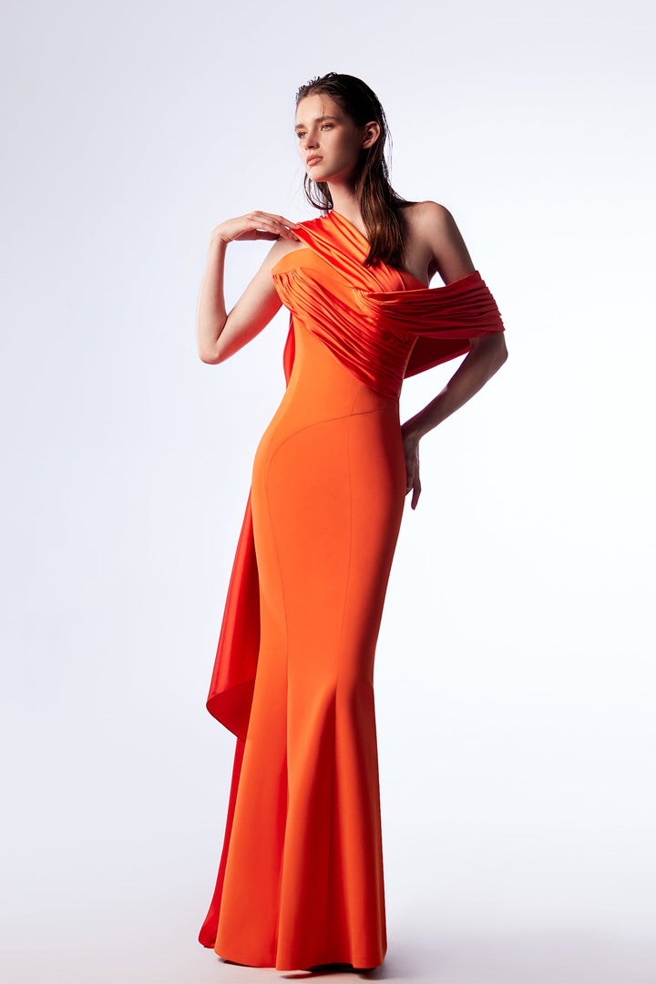 Crepe and Satin Asymmetric Mermaid Dress with Cape