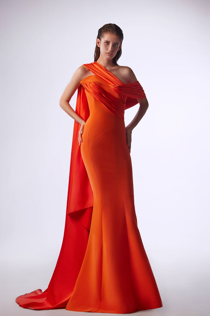 Crepe and Satin Asymmetric Mermaid Dress with Cape