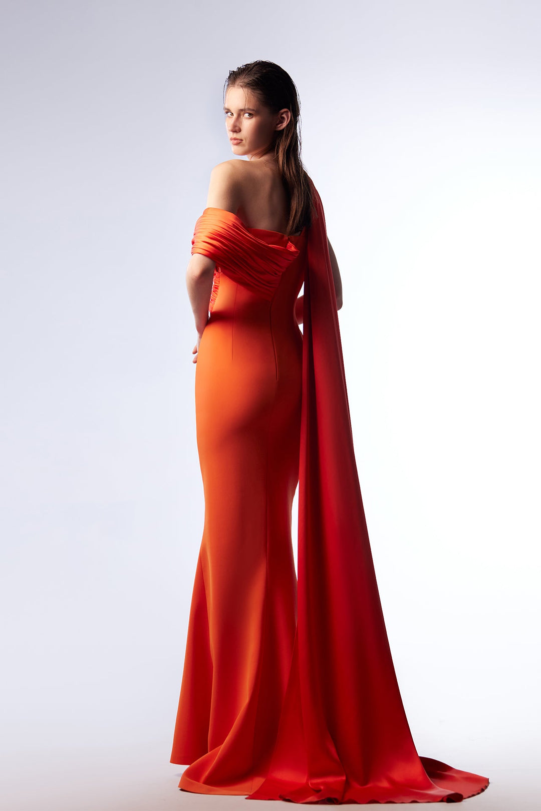 Crepe and Satin Asymmetric Mermaid Dress with Cape