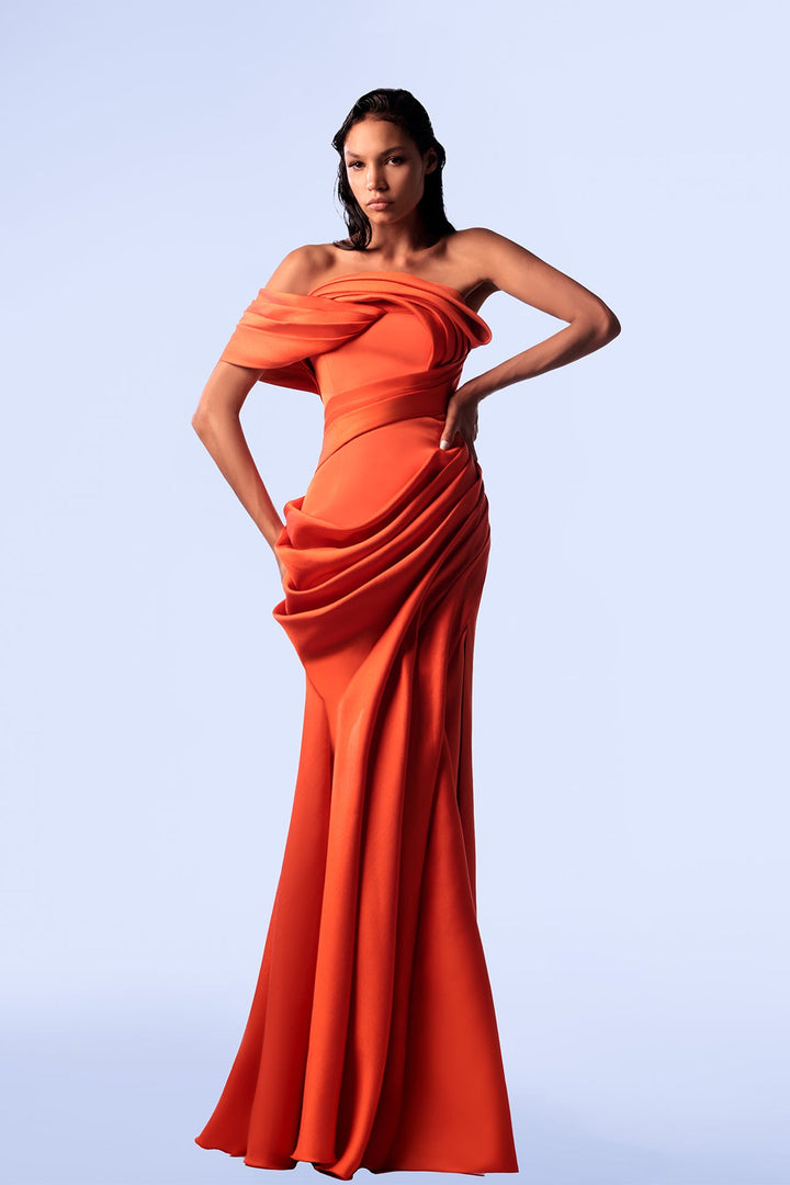 Crepe and Mikado One-Shoulder Draped Mermaid Dress