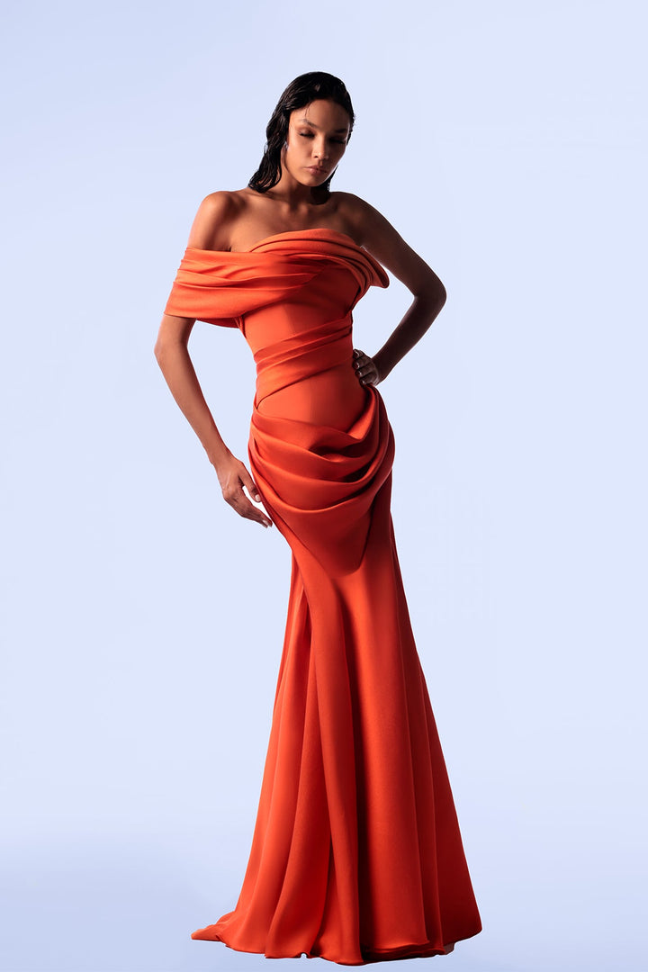 Crepe and Mikado One-Shoulder Draped Mermaid Dress