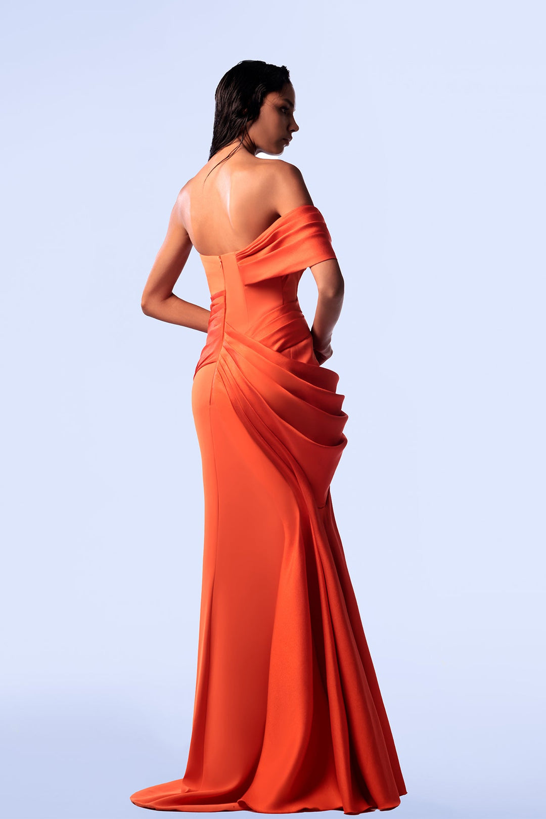 Crepe and Mikado One-Shoulder Draped Mermaid Dress