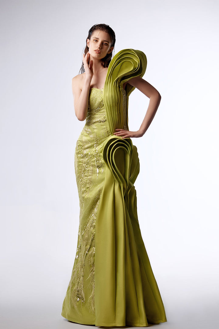 Taffeta One-Shoulder Mermaid Dress with Lace Embroidery