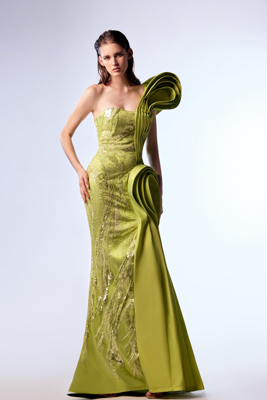 Taffeta One-Shoulder Mermaid Dress with Lace Embroidery